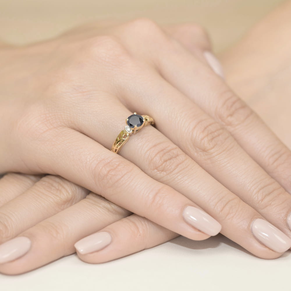 Pierścionek Czarny Diament 0,50ct żółte złoto 375 - obrazek 4