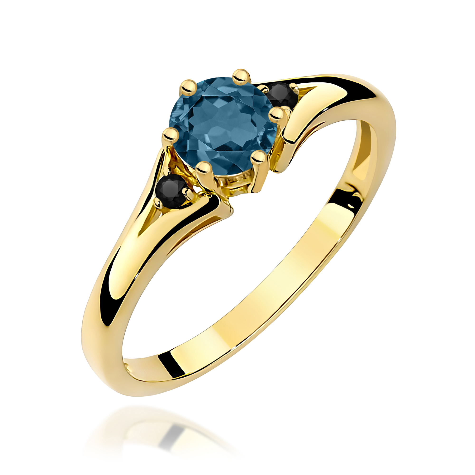 Pierścionek Topaz London Blue 0,50ct żółte złoto z czarnymi diamentami