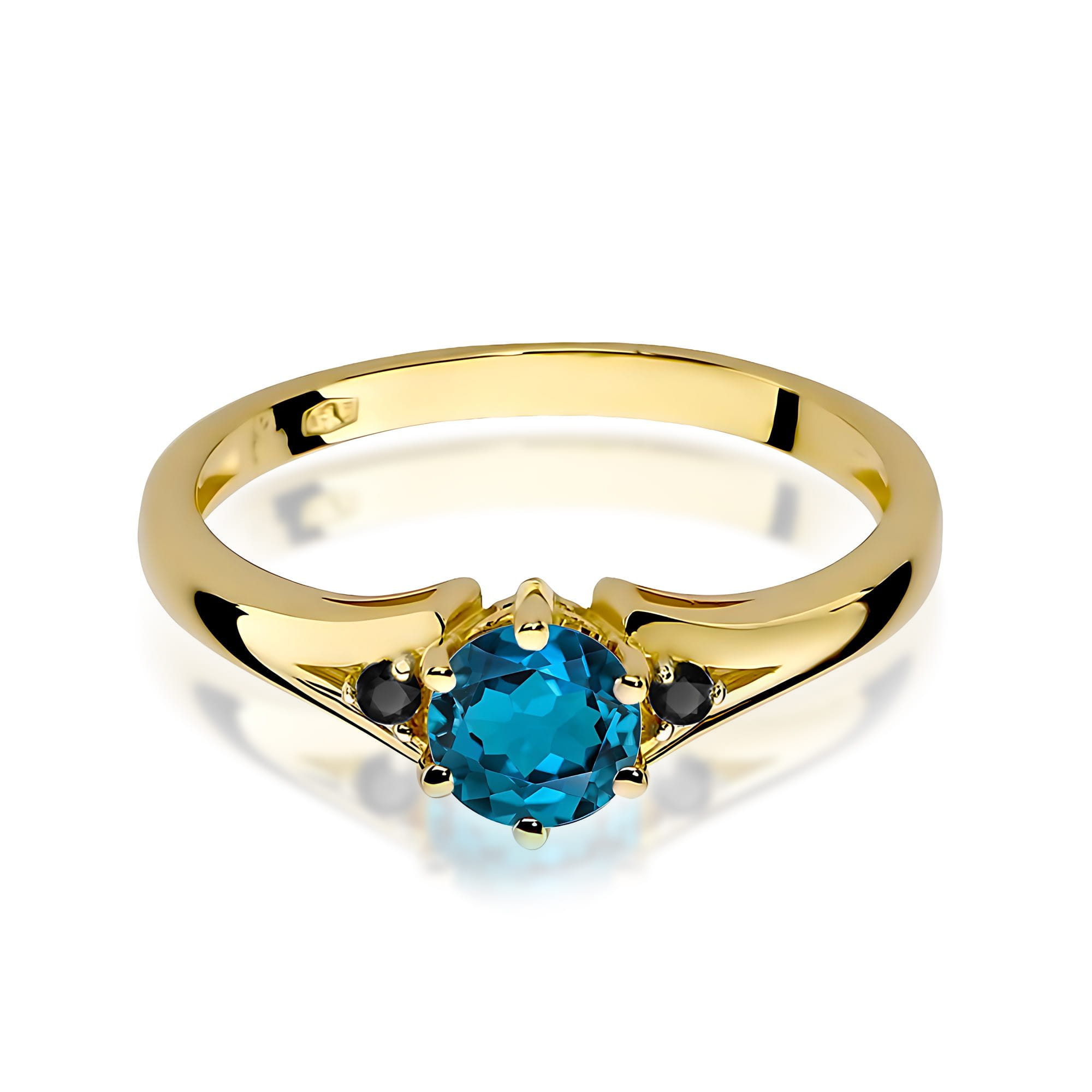 Pierścionek Topaz London Blue 0,50ct żółte złoto 375 z czarnymi diamentami - obrazek 2